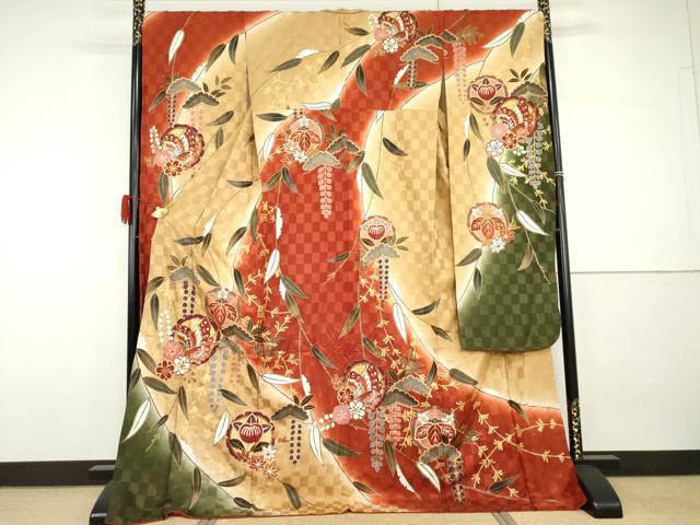 平和屋着物●豪華振袖　駒刺繍　雪輪花蝶丸文　暈し染め　金彩　三越扱い　正絹　逸品　AABG8003cs
