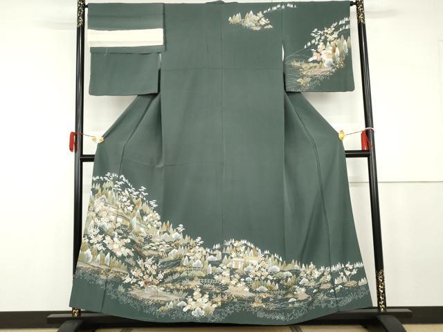 平和屋着物●訪問着　友禅　風景梅松花文　金彩　反端付き　正絹　逸品　AABG8022cs