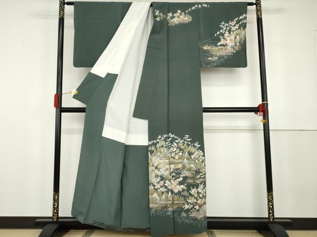 平和屋着物●訪問着　友禅　風景梅松花文　金彩　反端付き　正絹　逸品　AABG8022cs_1