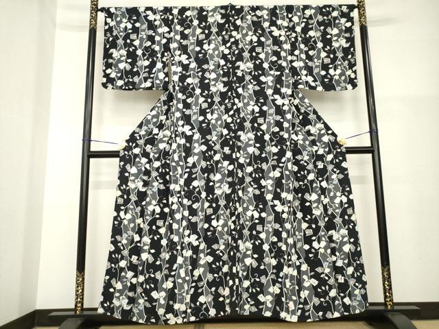 平和屋着物▽上質な小紋　単衣　花蔦草文　黒地　正絹　逸品　AABG8441ck_1