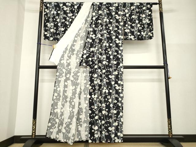 平和屋着物▽上質な小紋　単衣　花蔦草文　黒地　正絹　逸品　AABG8441ck_2