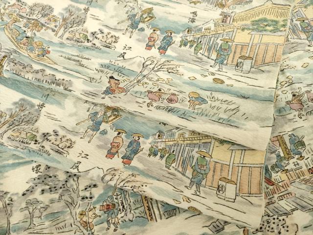 平和屋着物▽上質な小紋　単衣　名所風景文　正絹　逸品　AABG8450ck