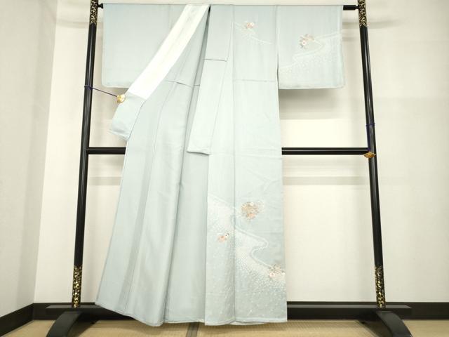平和屋着物▽訪問着 単衣 絞り 刺繍 流水花丸文 正絹 逸品 AABG8585ck