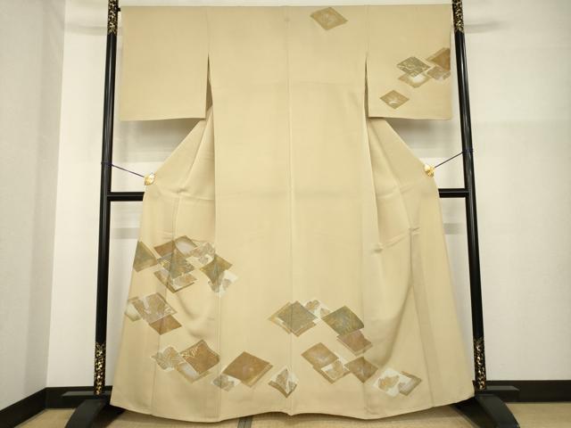 平和屋着物▽訪問着　単衣　駒刺繍　菱取松文　金彩　正絹　逸品　AABG8624ck
