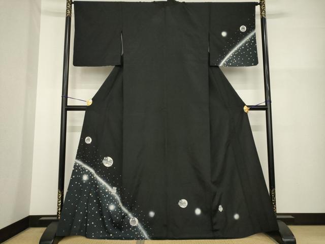 平和屋着物▽訪問着 単衣 夜空とフクロウ 暈し染め 黒地 正絹 逸品
