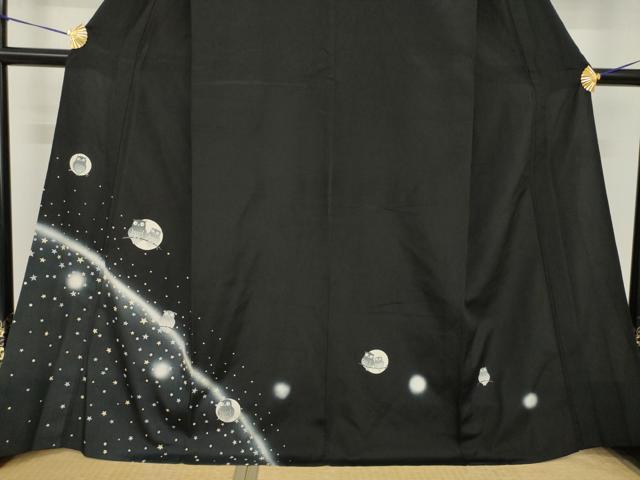 平和屋着物▽訪問着　単衣　夜空とフクロウ　暈し染め　黒地　正絹　逸品　AABG8637ck 平和屋着物▽訪問着 単衣 夜空とフクロウ 暈し染め 黒地 正絹 逸品