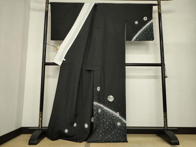 平和屋着物▽訪問着　単衣　夜空とフクロウ　暈し染め　黒地　正絹　逸品　AABG8637ck 平和屋着物▽訪問着 単衣 夜空とフクロウ 暈し染め 黒地 正絹 逸品