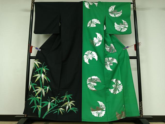 平和屋着物▽訪問着　単衣　片身替わり　笹竹文　福良雀　銀彩　洗える着物　AABG8697jh 平和屋着物▽訪問着 単衣 片身替わり 笹竹文 福良雀 銀彩 洗える着物