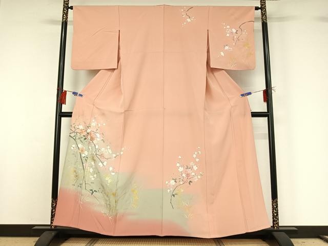 平和屋着物▽訪問着　単衣　枝花文　暈し染め　金彩　正絹　逸品　AABG8787jh