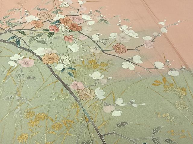 平和屋着物▽訪問着　単衣　枝花文　暈し染め　金彩　正絹　逸品　AABG8787jh_3