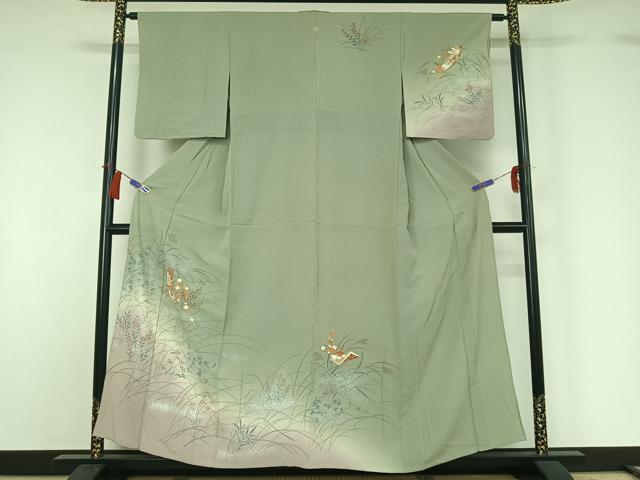 平和屋着物▽訪問着　単衣　駒刺繍　短冊花文　暈し染め　金彩　正絹　逸品　AABG8842jh