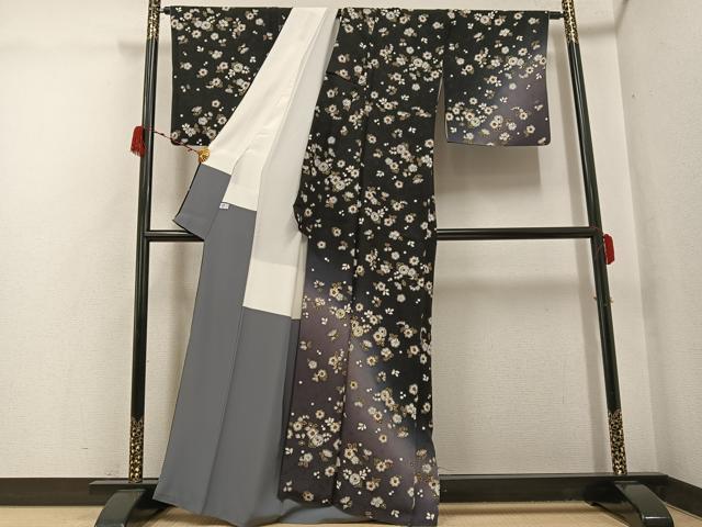 平和屋着物●訪問着　辻が花　暈し染め　黒地　金彩　正絹　逸品　AABG9021ph_1