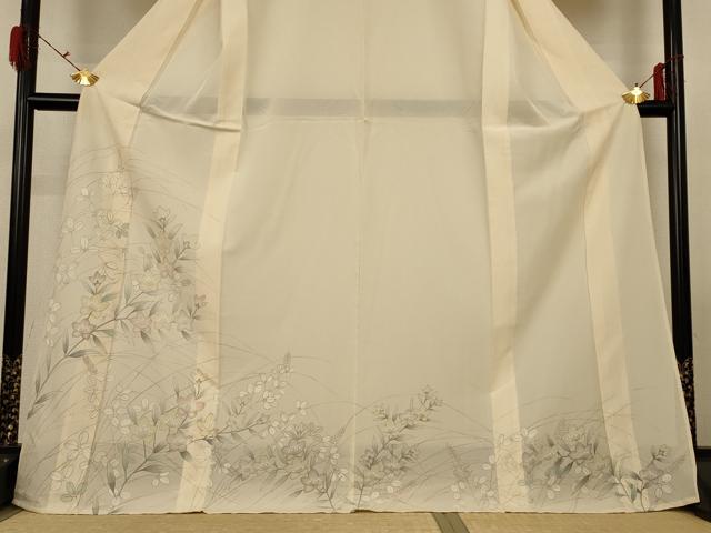 平和屋着物＊夏物　訪問着　絽　手描き　草花文　ロング丈　正絹　逸品　AABG9083jd_2