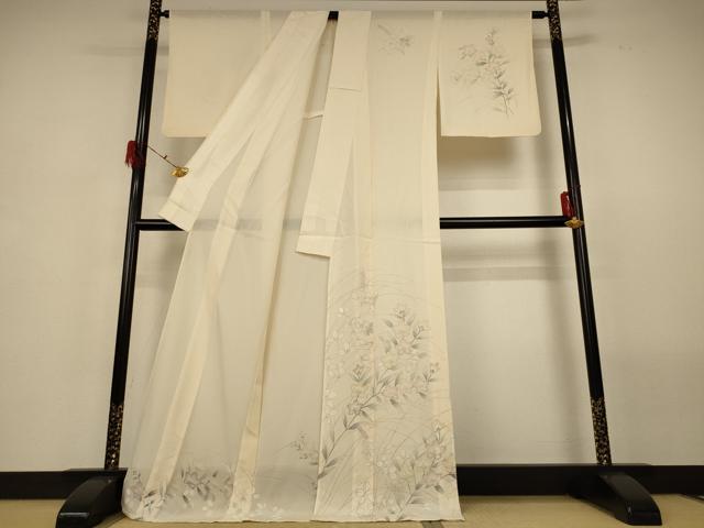 平和屋着物＊夏物　訪問着　絽　手描き　草花文　ロング丈　正絹　逸品　AABG9083jd_1