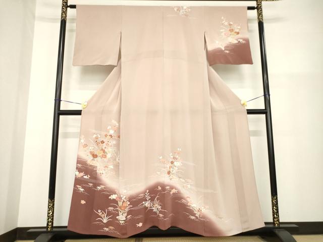 平和屋着物▽訪問着　単衣　花籬文　暈し染め　金彩　鬼しぼ縮緬　正絹　逸品　AABG9281ck