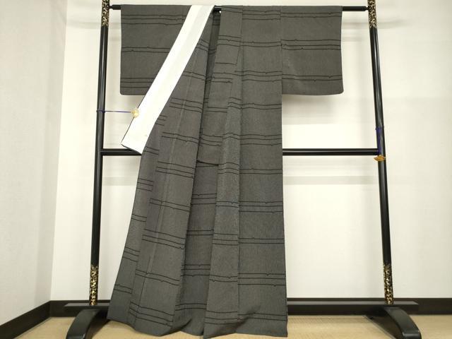 平和屋着物▽本塩沢　単衣　横段文　黒地　正絹　逸品　AABG9314ck_2