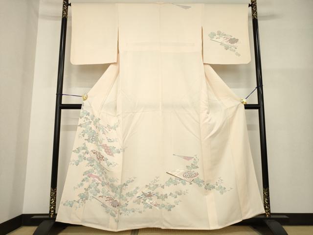 平和屋着物▽訪問着　単衣　友禅　扇面花文　正絹　逸品　AABG9315ck