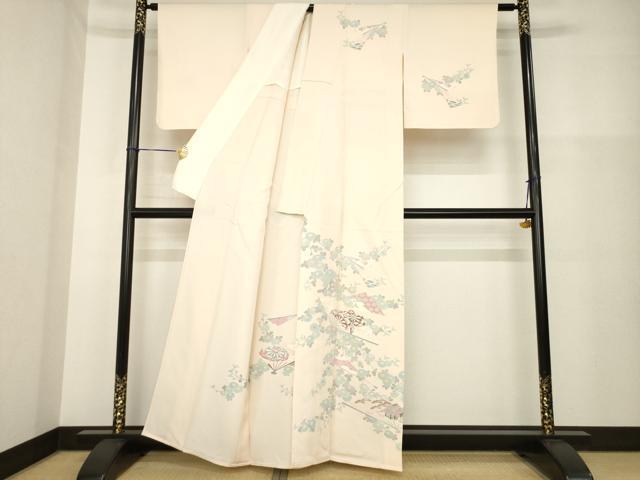 平和屋着物▽訪問着　単衣　友禅　扇面花文　正絹　逸品　AABG9315ck_1