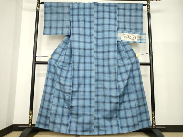 平和屋着物▽信州飯田　広瀬正藍紬　広瀬志一　単衣　格子　反端付き　正絹　逸品　AABG9316ck_1