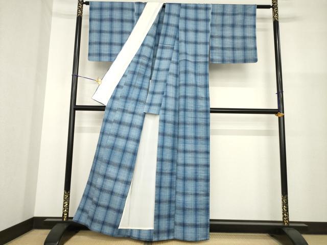 平和屋着物▽信州飯田　広瀬正藍紬　広瀬志一　単衣　格子　反端付き　正絹　逸品　AABG9316ck_2