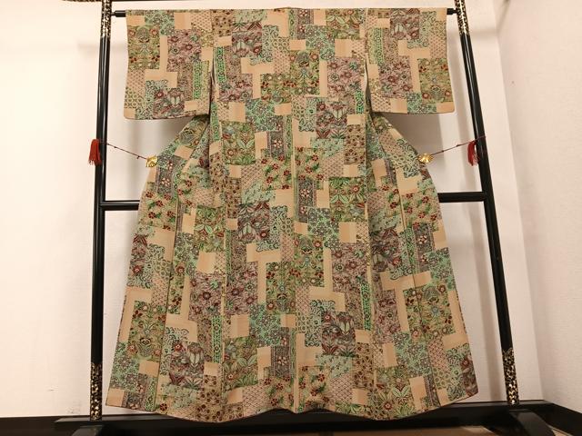 平和屋着物●上質な小紋　擦り型　友禅　更紗草花文　正絹　逸品　AABG9554ph_1