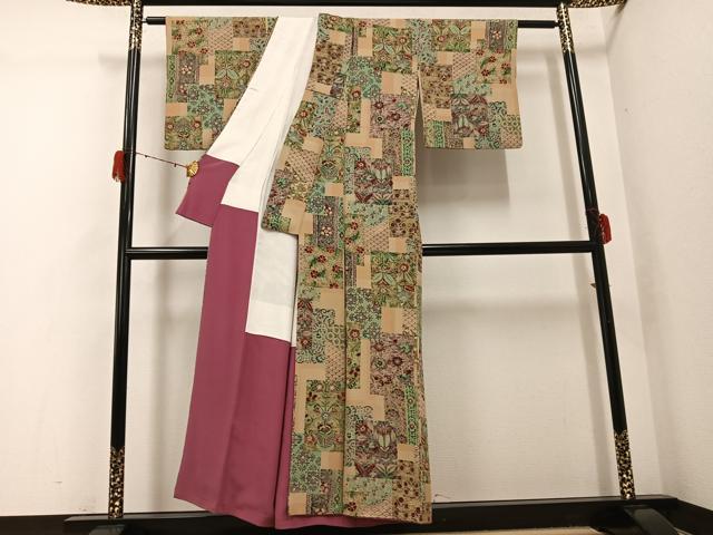 平和屋着物●上質な小紋　擦り型　友禅　更紗草花文　正絹　逸品　AABG9554ph_2