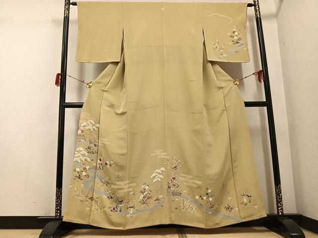平和屋着物●訪問着　友禅　松竹梅エ霞流水草花文　鬼しぼ縮緬　正絹　逸品　AABG9555ph
