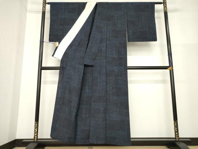 平和屋着物▽結城紬　単衣　幾何学花文　正絹　逸品　AABG9620ck_2
