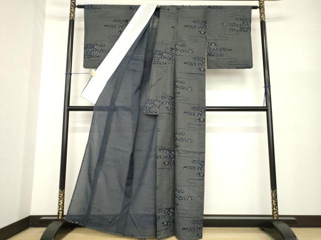 平和屋着物＊夏物　小紋　エ霞取花文　黒地　洗える着物　AABG9636ck_1