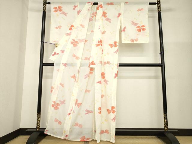 平和屋着物＊夏物　小紋　絽　草花文　洗える着物　未使用　AABG9652ck_1