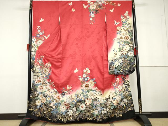 平和屋着物●豪華振袖　駒刺繍　花蝶文　暈し染め　金銀彩　正絹　逸品　AABG9841cs