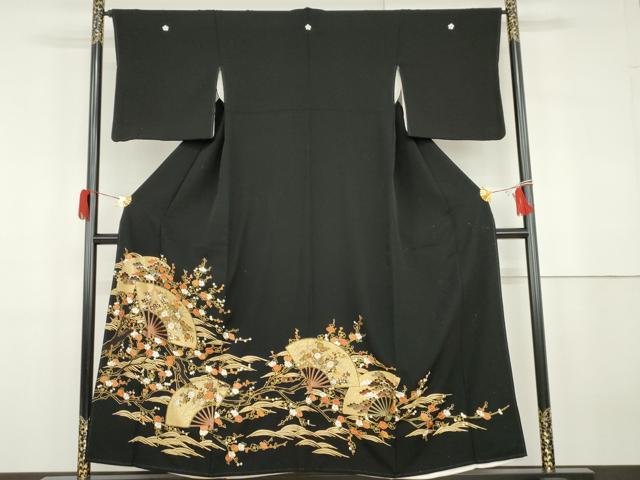 平和屋着物●豪華黒留袖　中国三大刺繍　スワトウ刺繍　汕頭刺繍　扇面梅松文　金糸　金彩　正絹　逸品　AABG9842cs 29,575円