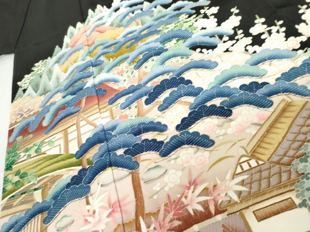 平和屋着物●本加賀友禅作家　中雅雄　黒留袖　松竹梅風景文　正絹　逸品　AABG9870cs_3