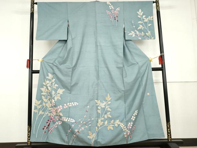 平和屋着物●上質な色無地　本藍草木染　堅牢染　紫陽花縮緬　白群色　丹後ちりめん　反端付き　正絹　逸品　AABH0530fy 平和屋着物○上質な色無地 本藍草木染 堅牢染 紫陽花縮緬 白群色 丹後