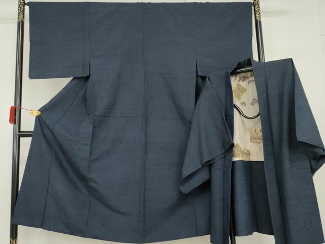 平和屋着物●男性　紬　アンサンブル　色無地　留紺色　正絹　逸品　AABG9885cs