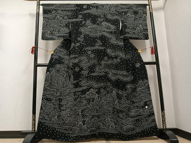平和屋着物●訪問着　絞り　風景草木文　黒地　正絹　逸品　AABH0448ph