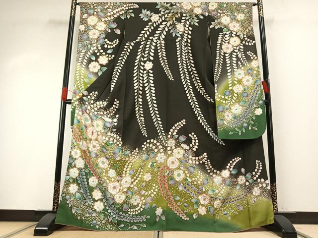 平和屋着物●豪華振袖　駒刺繍　辻が花　暈し染め　黒地　金彩　正絹　逸品　AABH0483fy