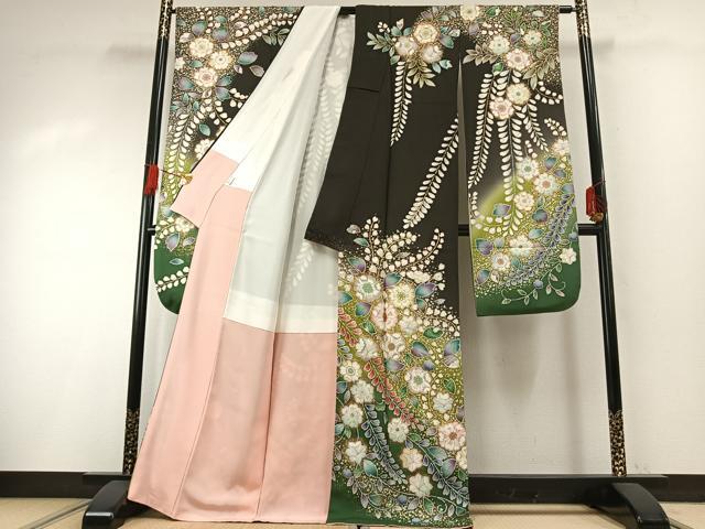 平和屋着物●豪華振袖　駒刺繍　辻が花　暈し染め　黒地　金彩　正絹　逸品　AABH0483fy_1