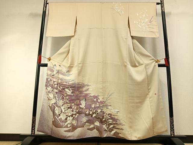 平和屋着物●訪問着　友禅　作家物　草花文　正絹　逸品　CABE2613yc 平和屋着物▽京加賀糸目友禅作家 山崎巌 訪問着 単衣 手描き 草花文