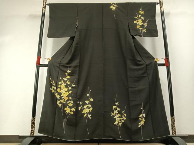 平和屋着物●訪問着　手描き　枝花文　黒地　正絹　逸品　AABH0570fy