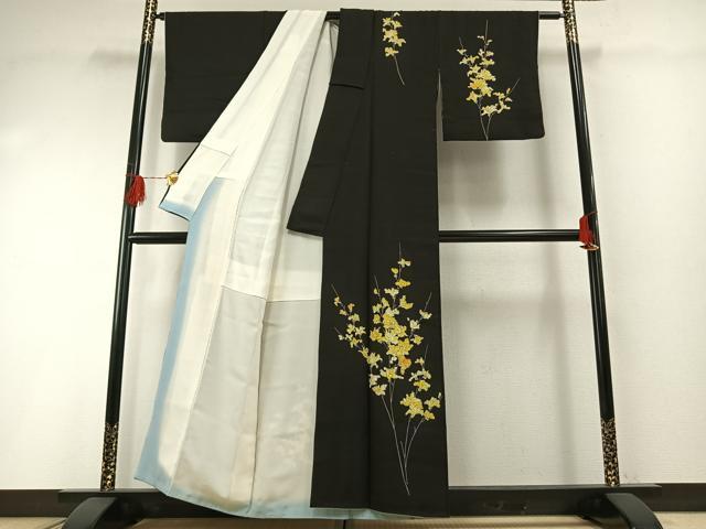 平和屋着物●訪問着　手描き　枝花文　黒地　正絹　逸品　AABH0570fy_1