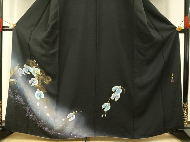 平和屋着物●螺鈿作家　藤本隆士　訪問着　草花文　暈し染め　黒地　金銀彩　正絹　逸品　AABH0785fy_2