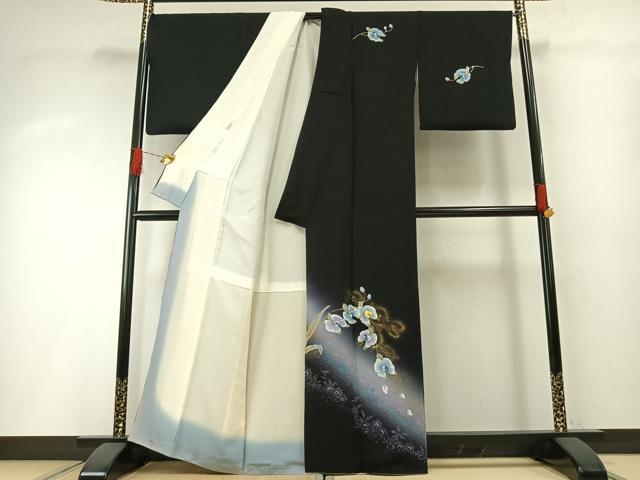 平和屋着物●螺鈿作家　藤本隆士　訪問着　草花文　暈し染め　黒地　金銀彩　正絹　逸品　AABH0785fy_1
