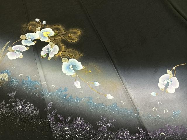 平和屋着物●螺鈿作家　藤本隆士　訪問着　草花文　暈し染め　黒地　金銀彩　正絹　逸品　AABH0785fy_3
