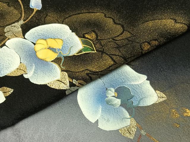 平和屋着物●螺鈿作家　藤本隆士　訪問着　草花文　暈し染め　黒地　金銀彩　正絹　逸品　AABH0785fy_4
