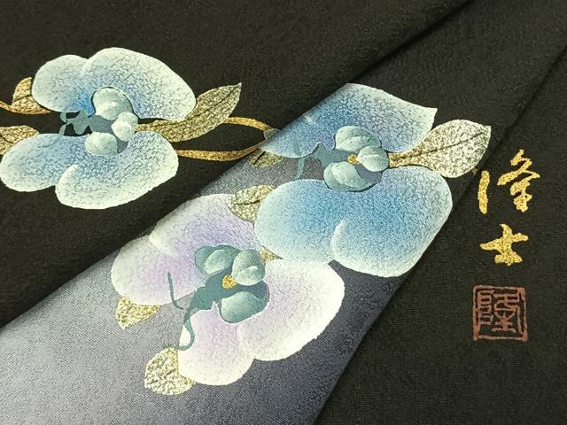 平和屋着物●螺鈿作家　藤本隆士　訪問着　草花文　暈し染め　黒地　金銀彩　正絹　逸品　AABH0785fy_8