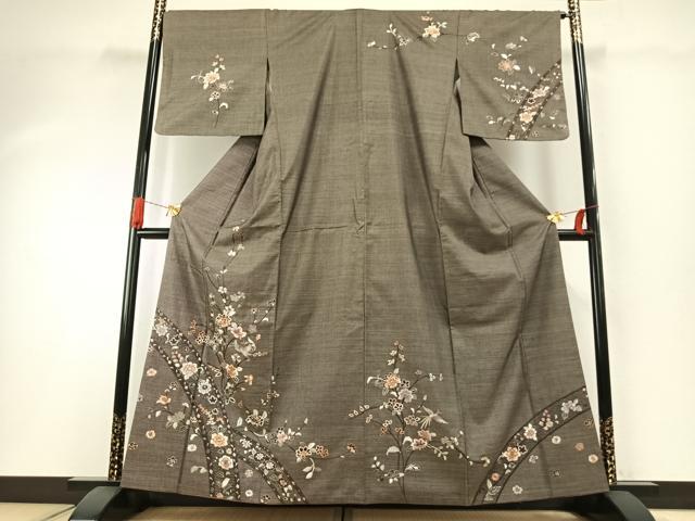 平和屋着物●本場大島紬　訪問着　総刺繍　カタス7マルキ　枝花文　正絹　逸品　AABH0800fy