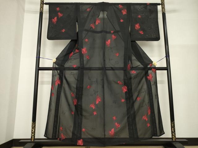 平和屋着物＊夏物　小紋　紗　草花文　黒地　正絹　逸品　AABH1983ck