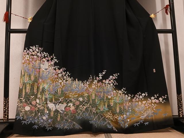 平和屋着物○十日町友禅作家 岡村蒼風 黒留袖 群れ鶴草花文 正絹 逸品