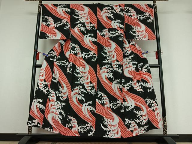平和屋着物▽小紋　単衣　立波文　黒地　洗える着物　AABH2288jh_1